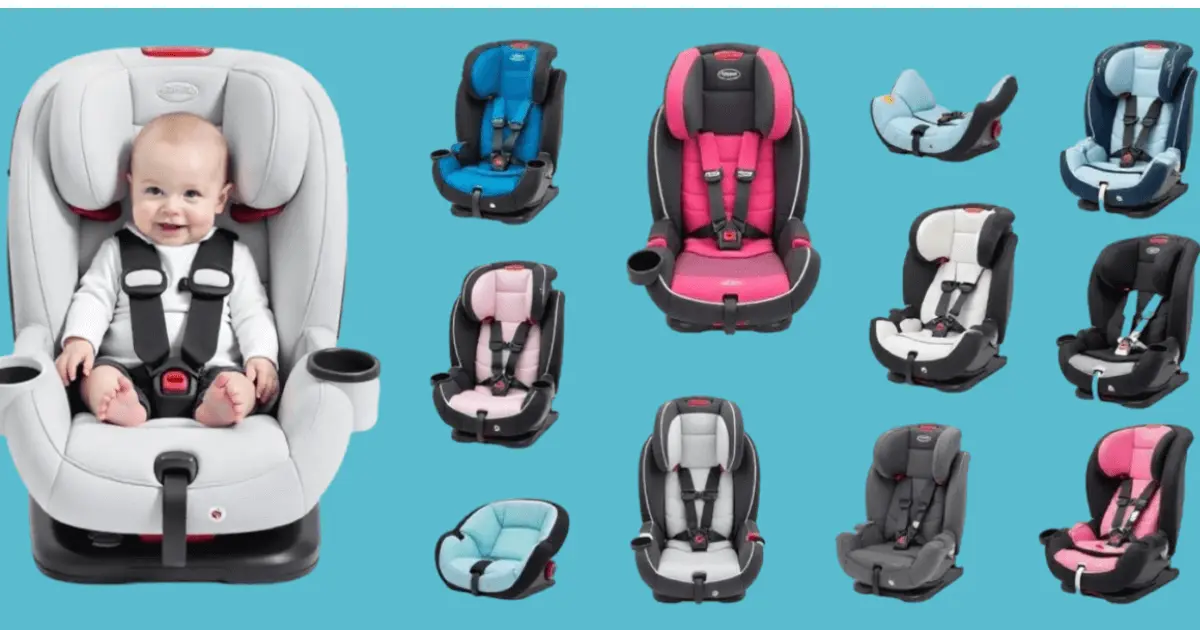 Image showing various types of baby car seats in different colours, sizes, and styles, including a baby seated in one large car seat.
