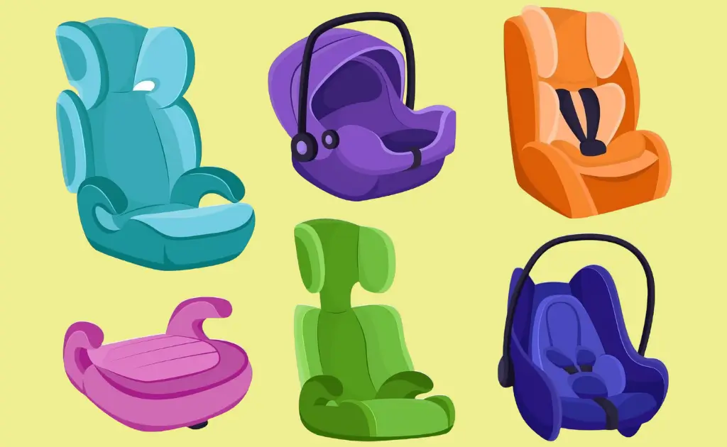 A colourful illustration displaying six different types of baby car seats for a safe ride.