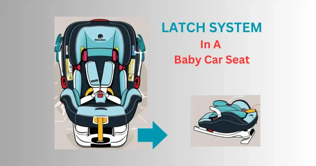 Illustration of a baby car seat featuring the LATCH system with highlighted components for safety.