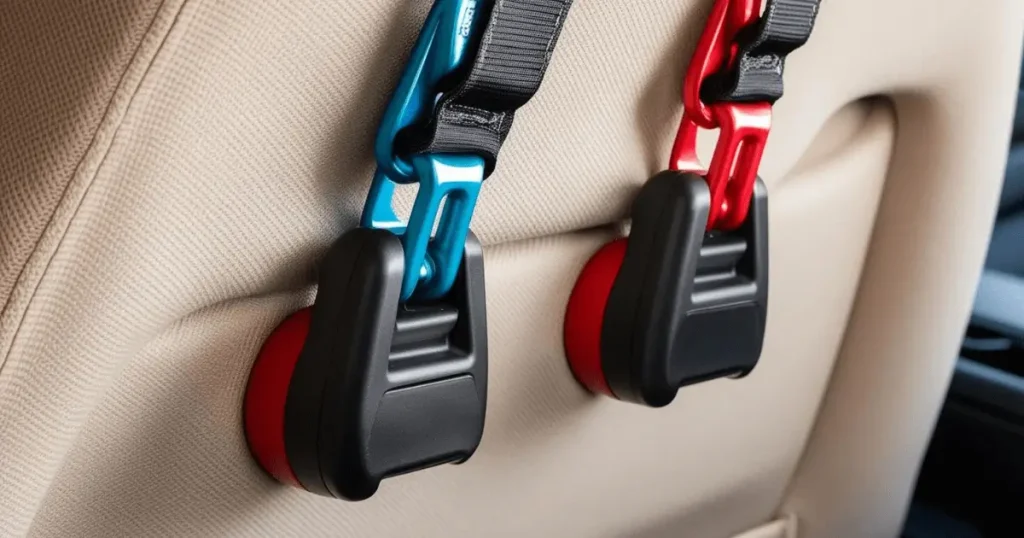 Tether anchors in a car seat with blue and red straps attached for safety.