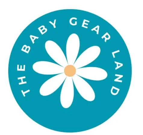 The Baby Gear Land logo featuring a white flower with a yellow centre on a teal circular background.