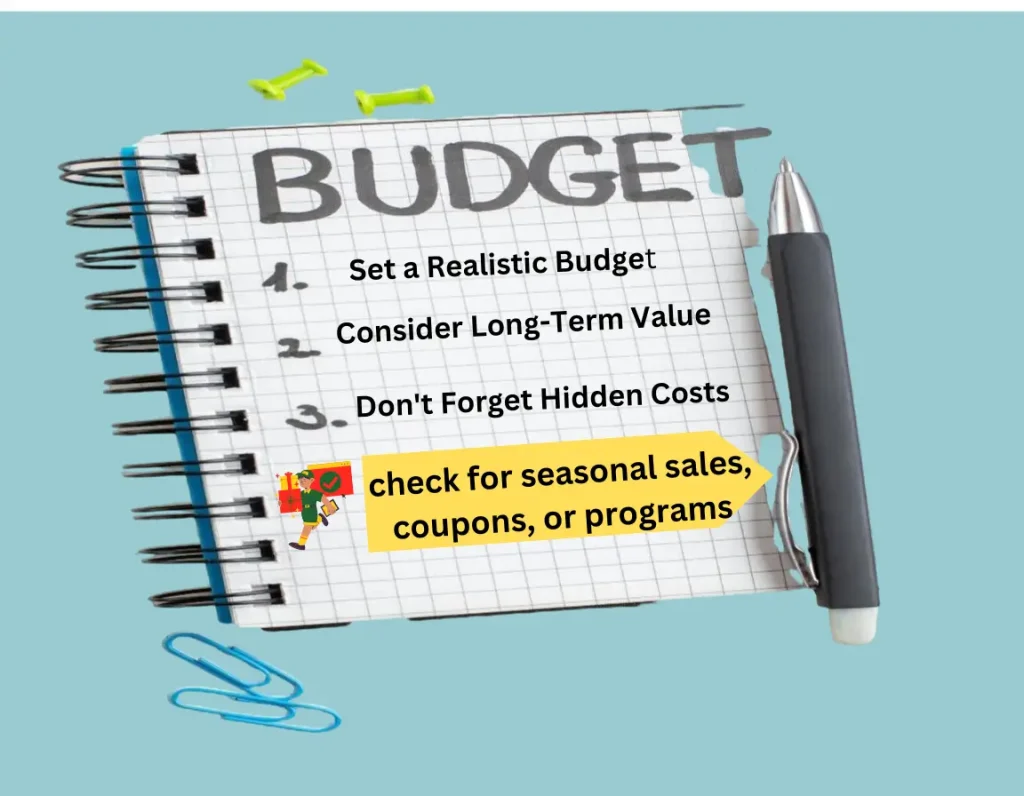 A list of budgeting tips while choosing the best car seat for your child are written on a notepad.