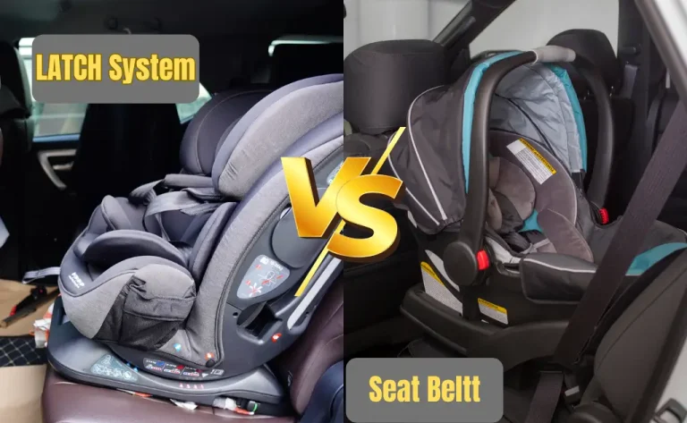 Side-by-side comparison of LATCH system and seat belt installation for a baby car seat.