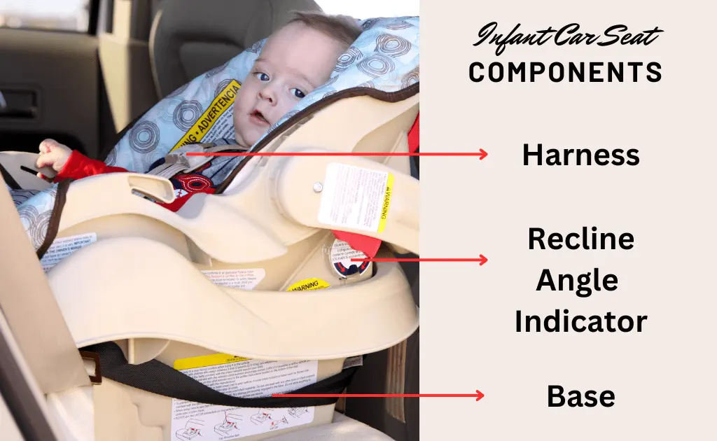 Illustration of an infant car seat labelling components like harness, base, and recline indicator.
