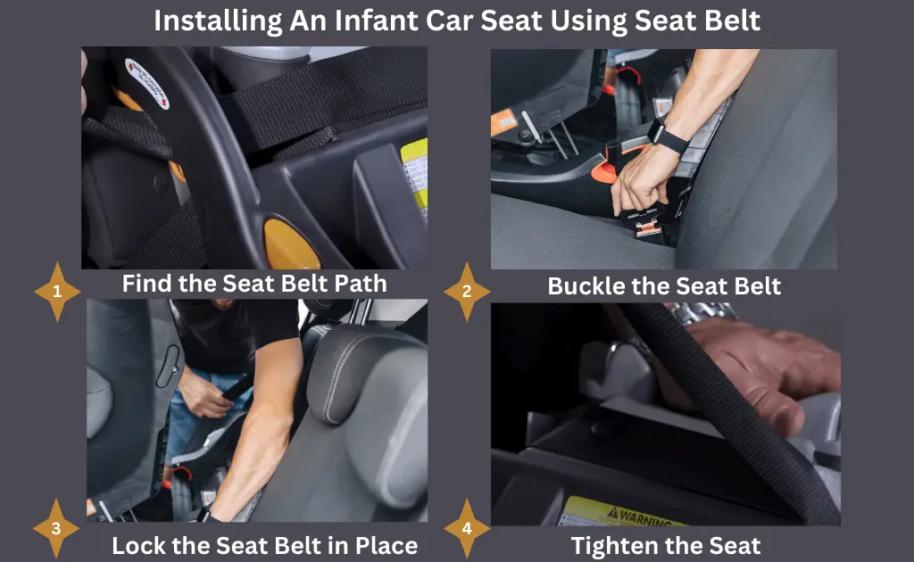 Detailed step-by-step process of installing an infant car seat using a seat belt for a secure fit.