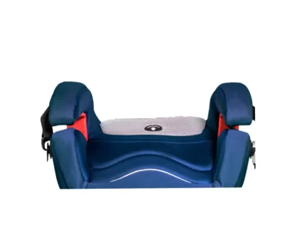 A blue backless booster seat with padded armrests and a secure design for child car safety.