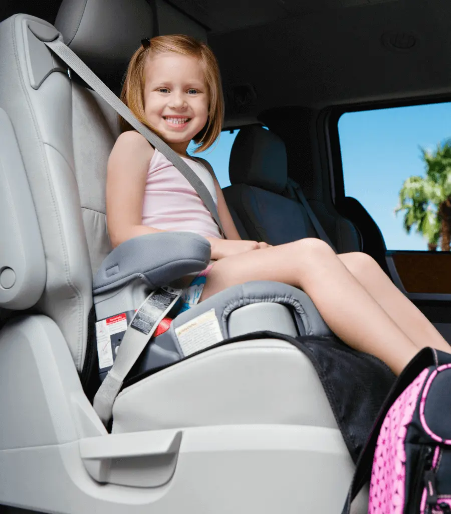 A backless booster seat designed to raise a child for proper seatbelt positioning.