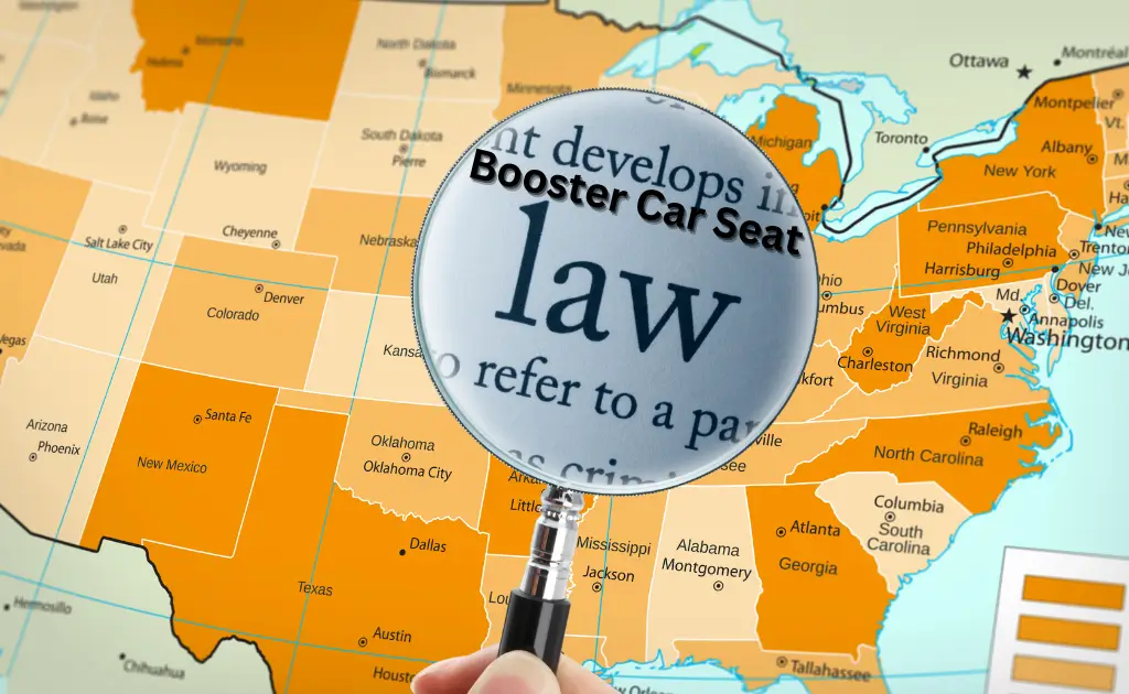 A magnifying glass highlighting booster car seat laws over a U.S. state map.