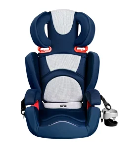 A blue high-back booster seat with padded headrest, side protection, and safety belt guides.
