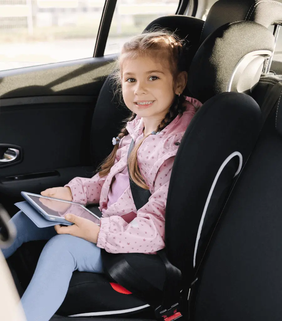A high-back booster seat designed for improved head and neck support in a vehicle.