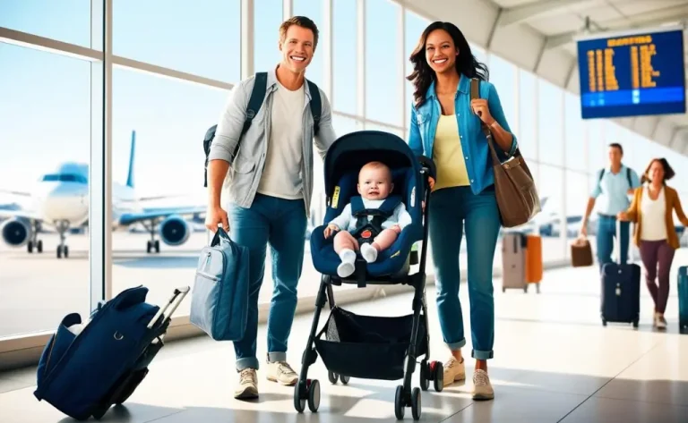 A happy family at the airport with a baby in a car seat stroller, ready for their flight.