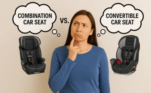 A thoughtful mother deciding between combination vs. convertible car seats, for her child.