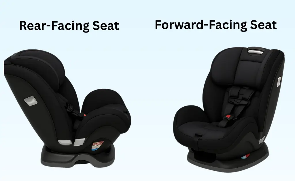 Convertible car seat shown in rear-facing and forward-facing modes side by side