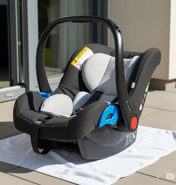 Baby car seat air drying on a patio after cleaning.
