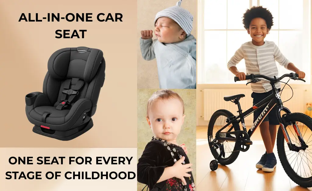 All-in-one car seat with baby, toddler, and child images showing growth stages of childhood.