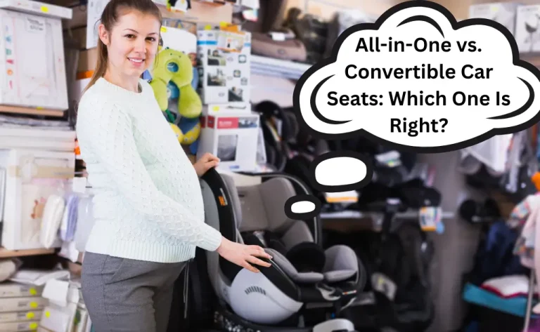 Pregnant woman shopping for a car seat, wondering about all-in-one vs. convertible car seats.