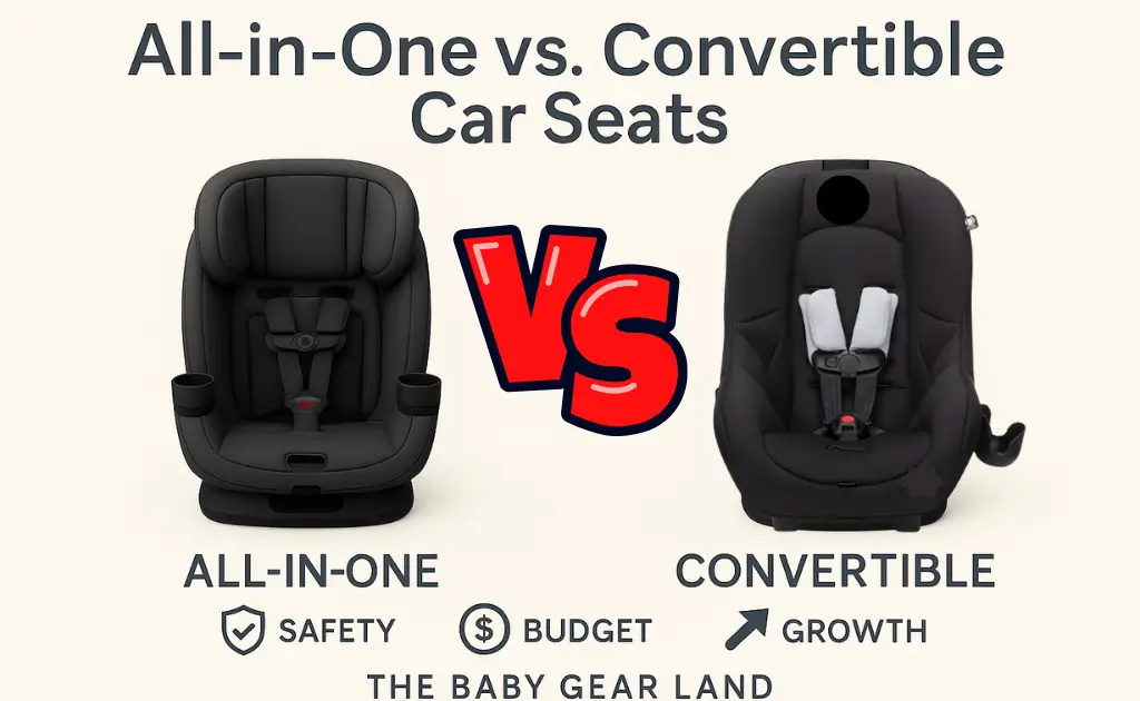 Visual comparison of all-in-one vs. convertible car seats with safety, budget, and growth icons.