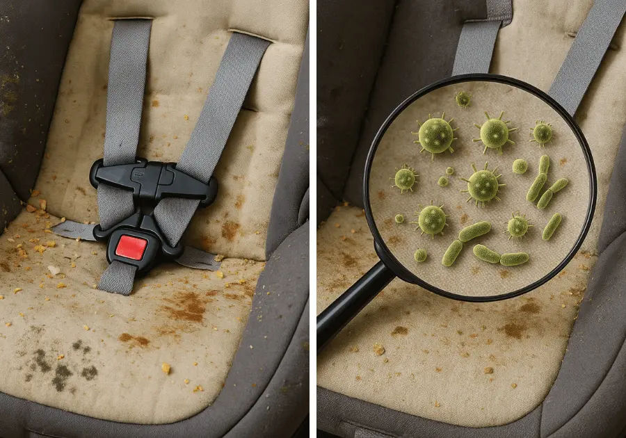 How to clean baby car seat with visible crumbs, stains, and germs under magnifying glass.