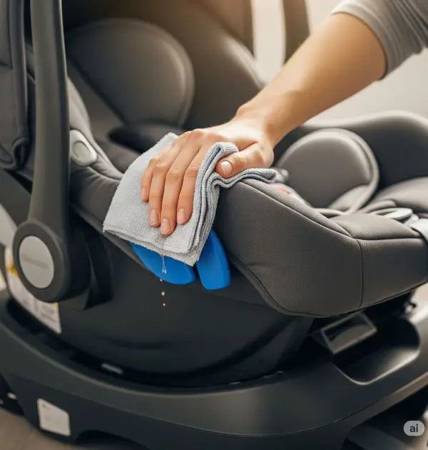 Hand wiping the plastic shell and base of a baby car seat.