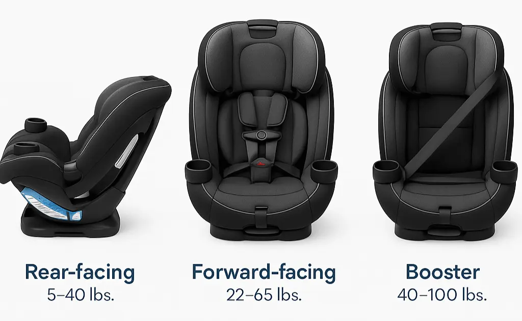 Three modes of all-in-one car seat: rear-facing, forward-facing, and booster.