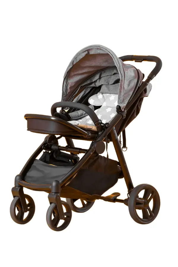 Grey car seat-stroller combo, convertible travel system for infants.