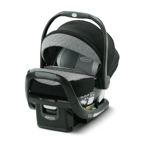 Graco SnugFit 35 Elite Infant Car Seat with anti-rebound bar, no-rethread harness, and plush infant padding.