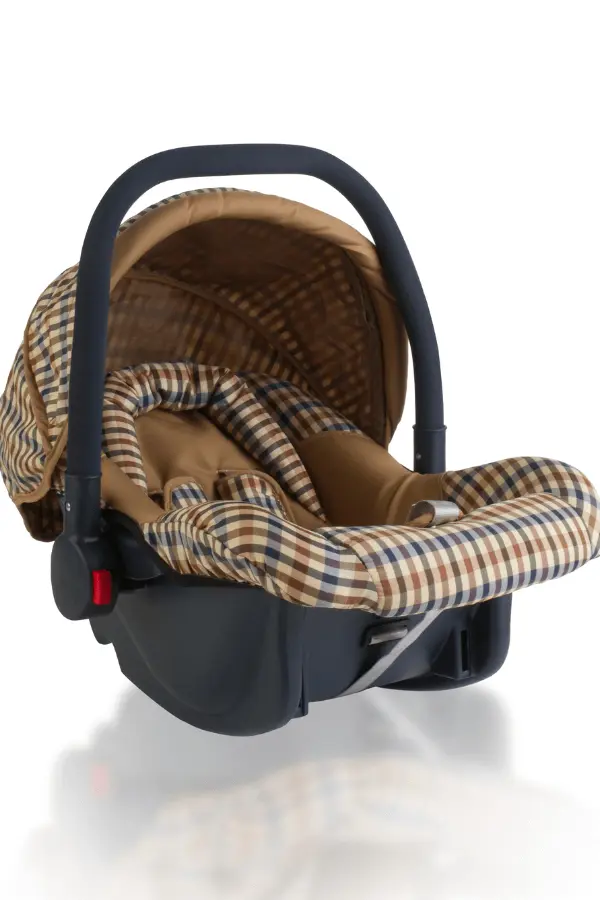 Lightweight and travel-friendly infant car seat in brown and blue plaid, portable design