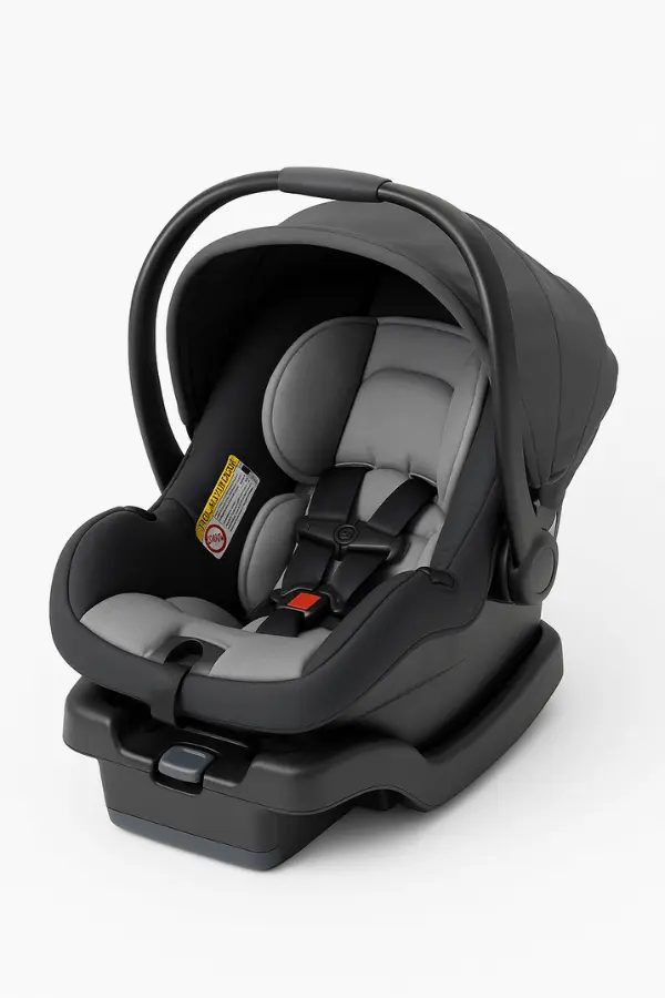Standard infant car seat in black and grey with detachable carrier and base