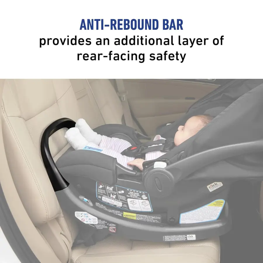 Graco SnugRide SnugFit car seat with anti-rebound bar for added rear-facing safety.