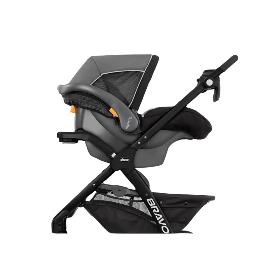 Chicco KeyFit 30 infant car seat attached to a Chicco Bravo stroller. Shows travel system.