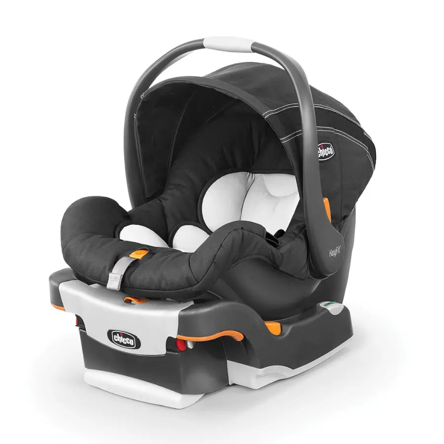 Chicco KeyFit infant car seat- Encore, in black and grey, with detachable base and canopy.