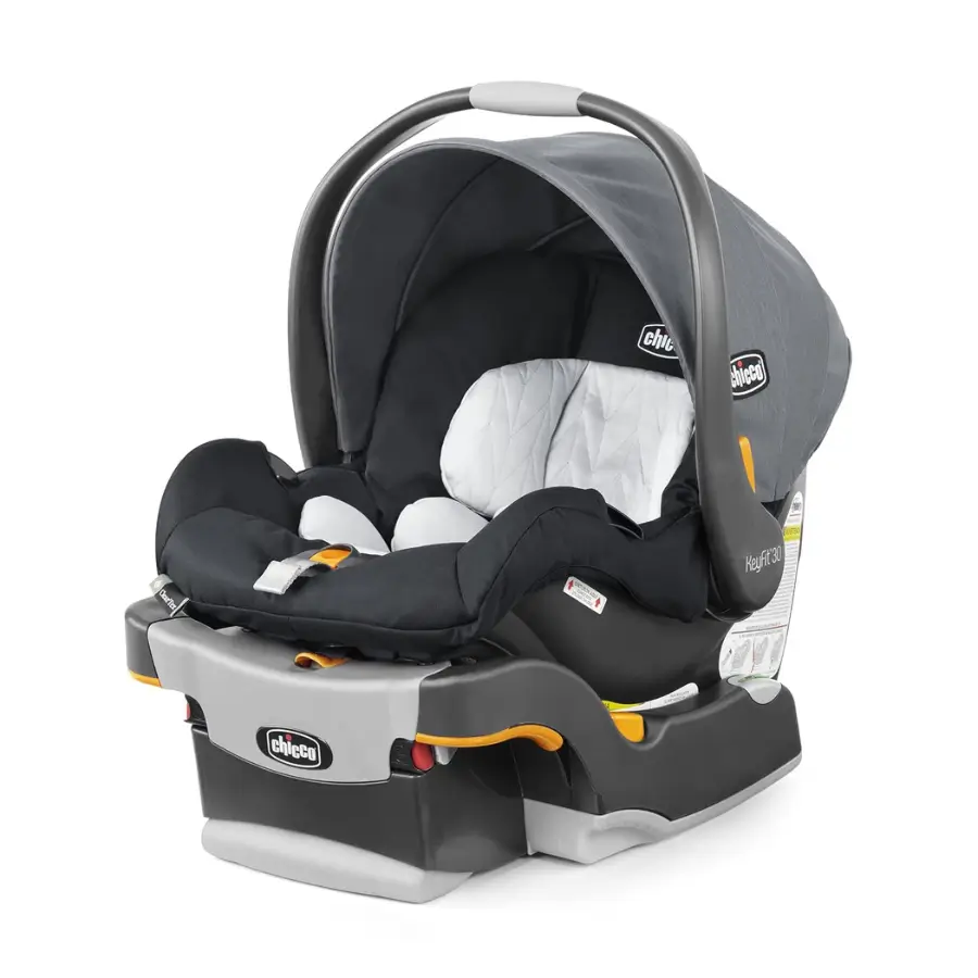 Chicco KeyFit 30 ClearTex Infant Car Seat in Pewter/Grey, rear-facing for 4-30 lbs, with base.