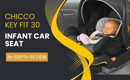 Baby in Chicco KeyFit 30 car seat with review banner for in-depth product overview.