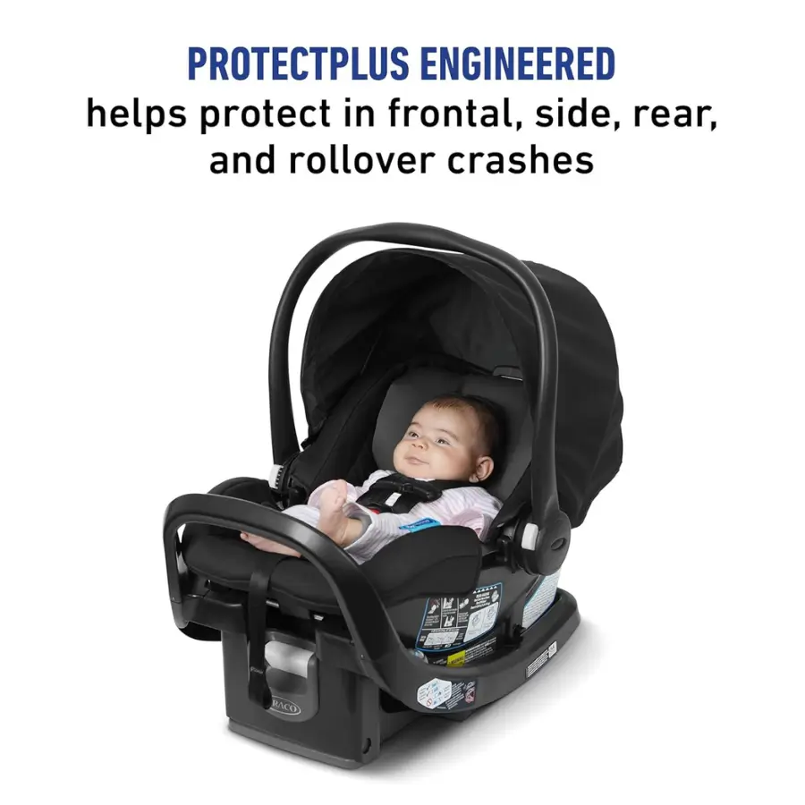 Baby in Graco SnugFit infant car seat. ProtectPlus Engineered for crash protection.
