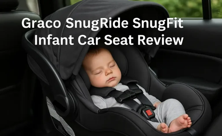 Sleeping baby in Graco SnugRide SnugFit car seat during drive – infant car seat review.