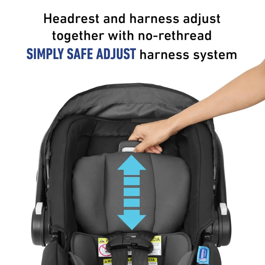 Graco SnugRide SnugFit car seat no-rethread, harness and headrest adjustment simultaneously.