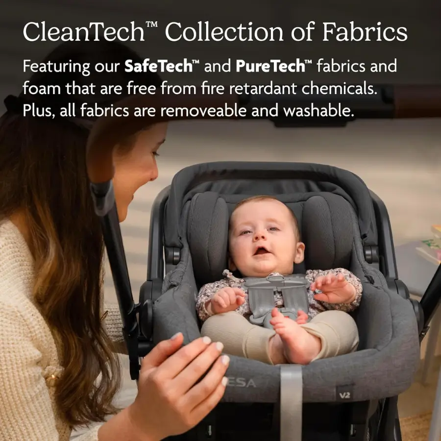 UPPAbaby Mesa V2 CleanTech fabrics: SafeTech, PureTech, fire retardant free, washable.