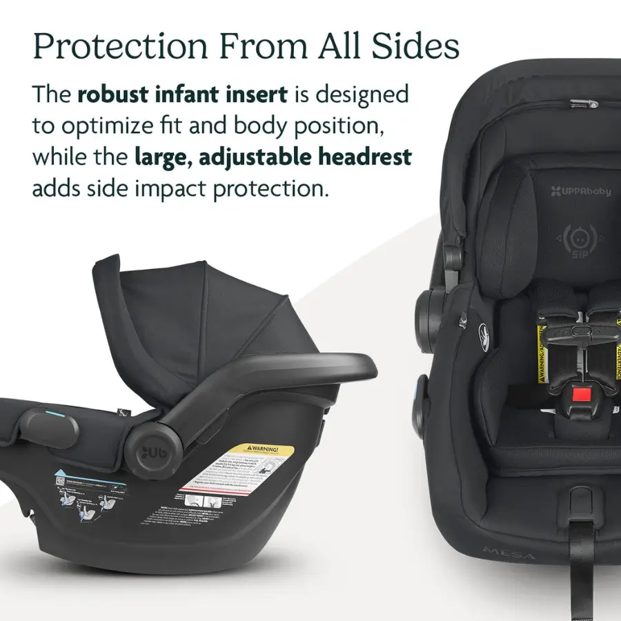 UPPAbaby Mesa V2 comfort: robust infant insert, large adjustable headrest, side impact protection.
