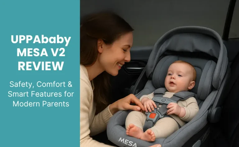 Mom securing baby in UPPAbaby Mesa V2 Infant Car Seat – Review on Safety and Comfort Features.