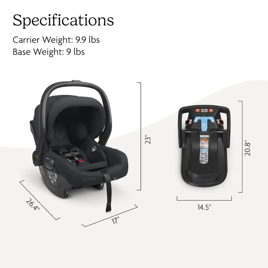UPPAbaby Mesa V2 car seat specifications: carrier weight 9.9 lbs, base weight 9 lbs, dimensions.