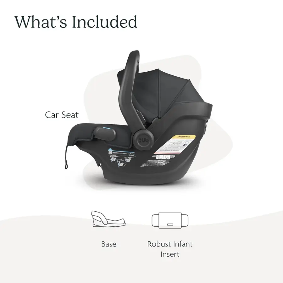 UPPAbaby Mesa V2 car seat package contents: car seat, base, infant insert.