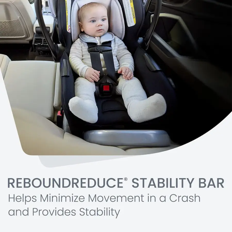 A baby sits securely in the Britax Willow S car seat with the ReboundReduce™ Stability Bar.