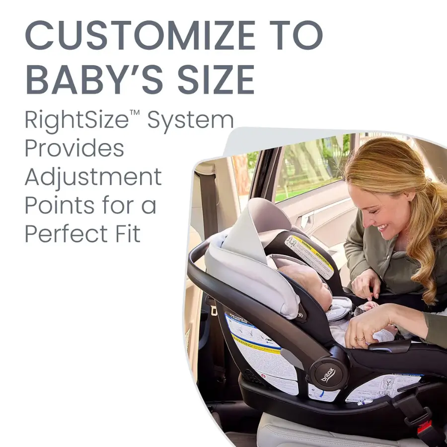 A woman buckles an infant into the Britax Willow S car seat, demonstrating the RightSize™ System.