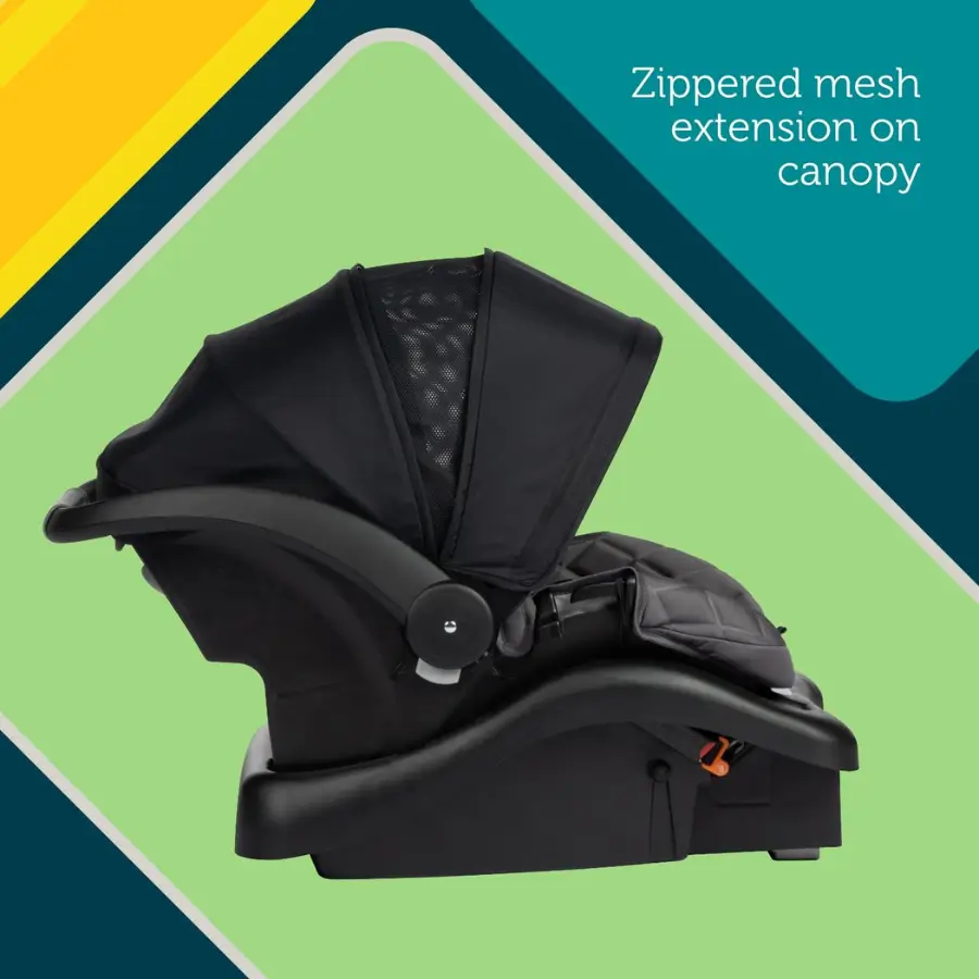 Safety 1st onBoard Insta-LATCH DLX infant car seat with the zippered mesh extension on the canopy.