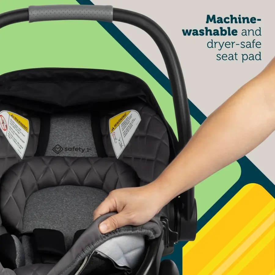 Safety 1st onBoard Insta-LATCH DLX infant car seat with Machine-Washable and Dryer-Safe Pad.