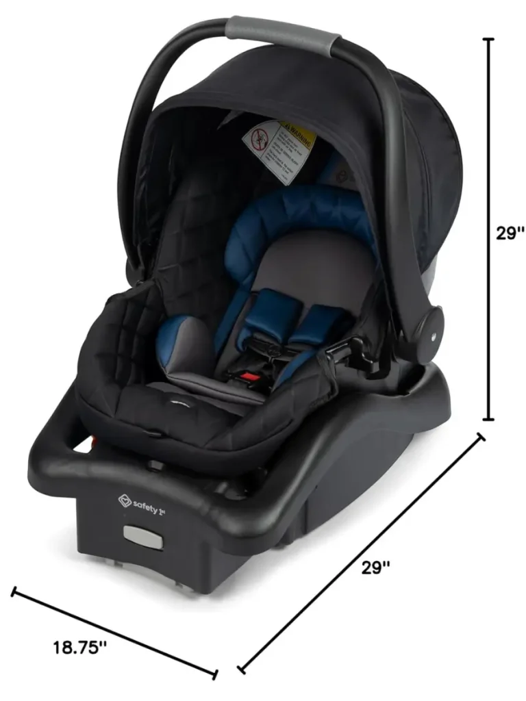 Safety 1st onBoard Insta-Latch DLX infant car seat with dimensions (29″L x 18.75″W x 29″H).