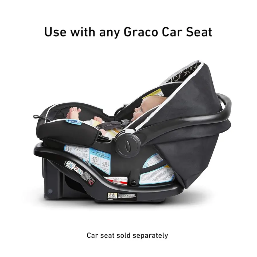 Graco SnugRide Lite infant car seat with a baby inside, designed to work with all Graco models.