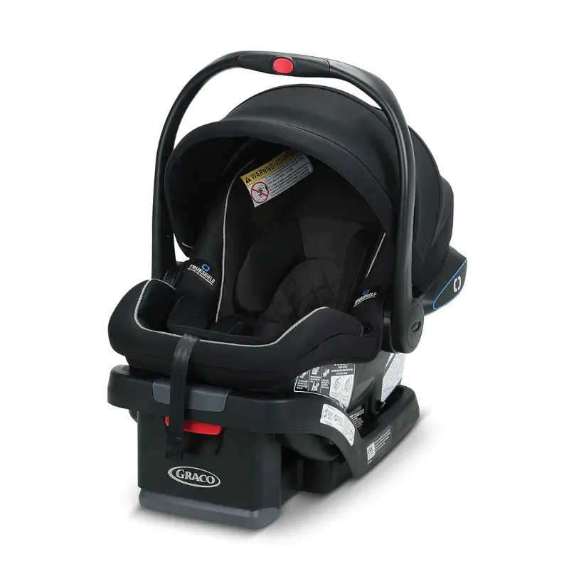 Graco SnugRide SnugLock LX infant car seat with a base and an adjustable handle.