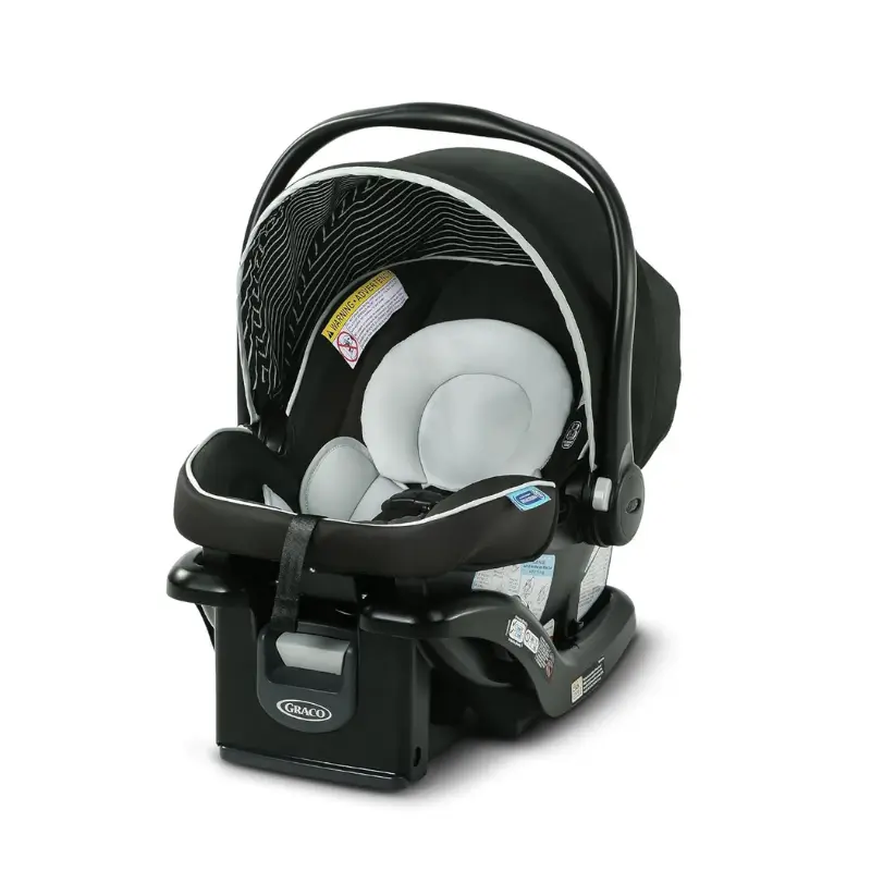 Graco SnugRide Lite LX infant car seat with a removable base and a baby headrest.