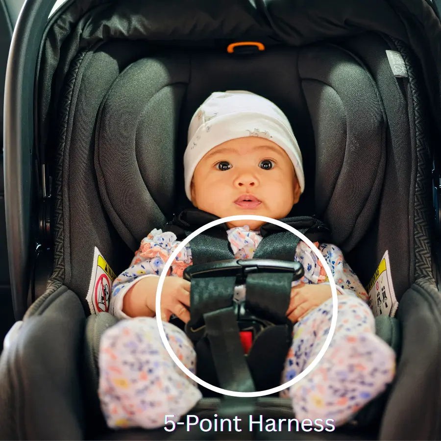 Baby safely secured in an infant car seat using a 5-point harness system.